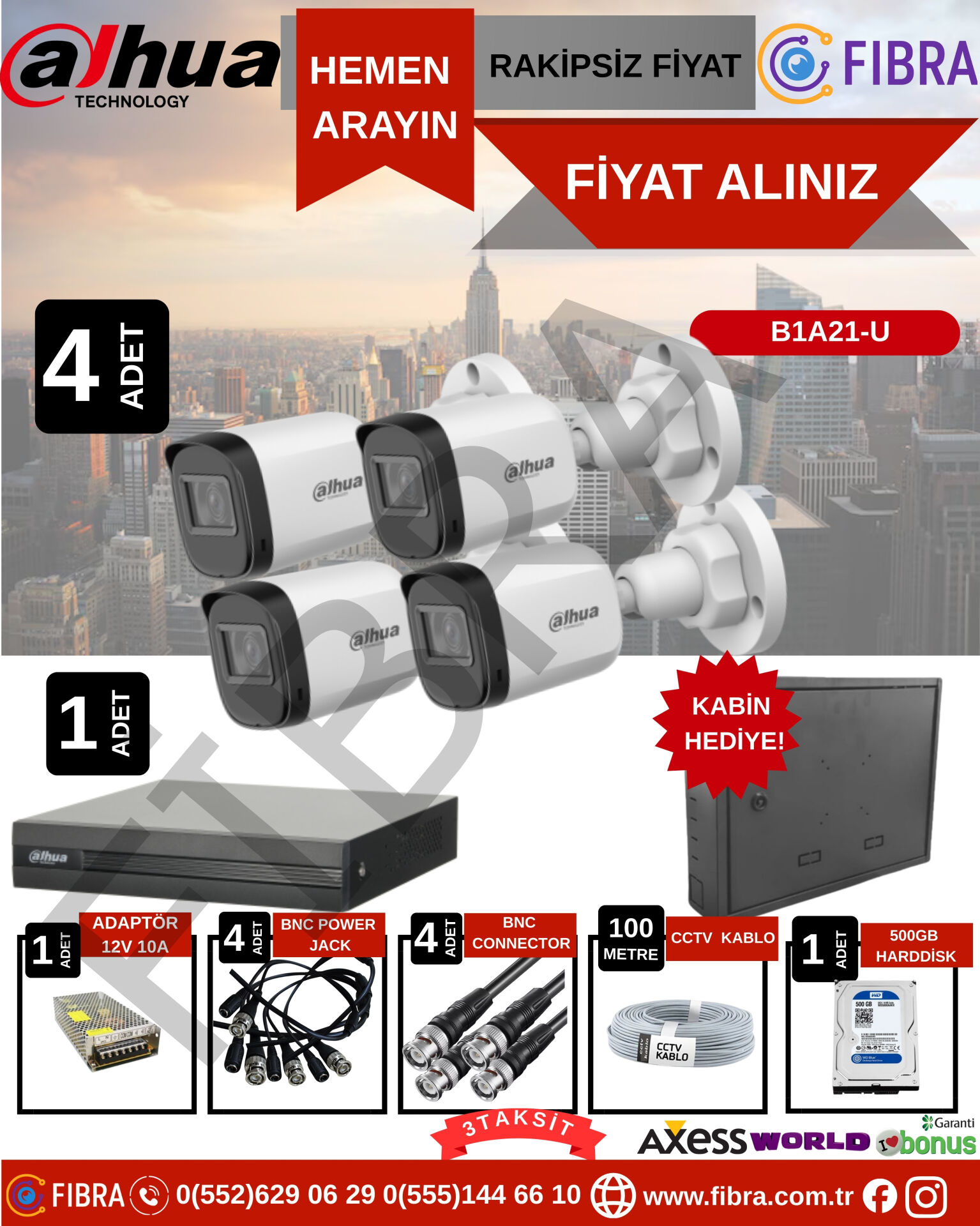 DAHUA B1A21 2MP 4'LÜ FULL SET KABİN HEDİYELİ!!!