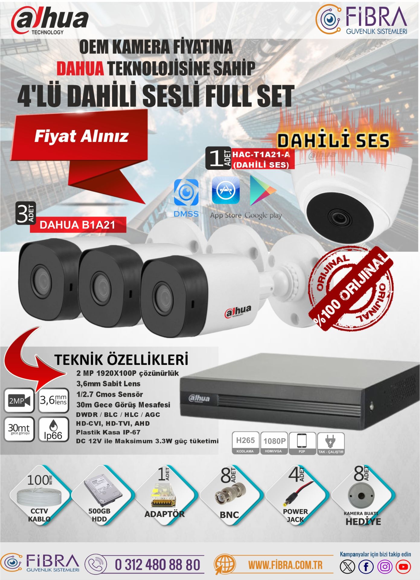 DAHUA SESLİ 2MP 4'LÜ FULL SET