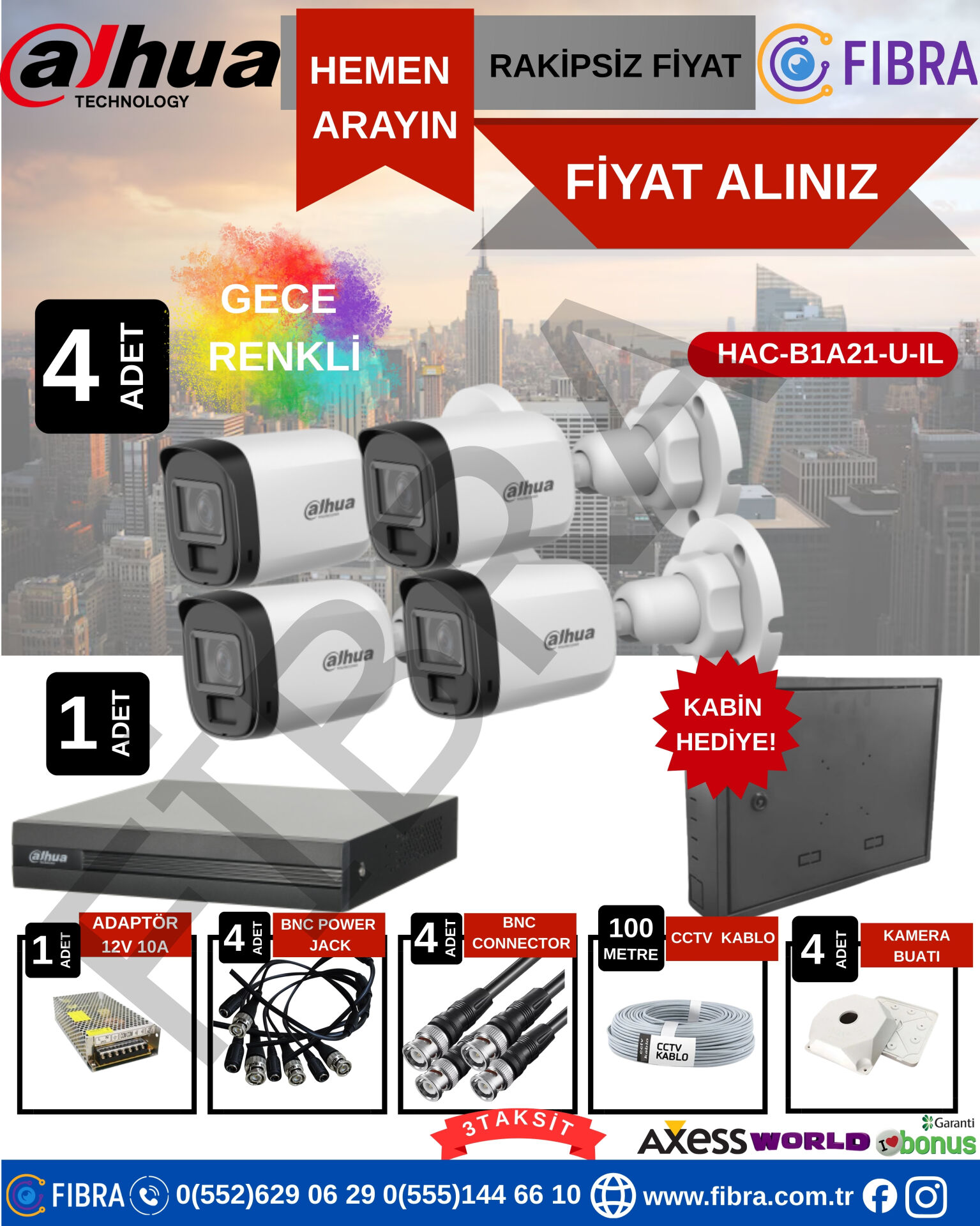 DAHUA GECE RENLİ VE SESLİ 2MP 4'LÜ FULL SET AHD KABİN HEDİYELİ!!