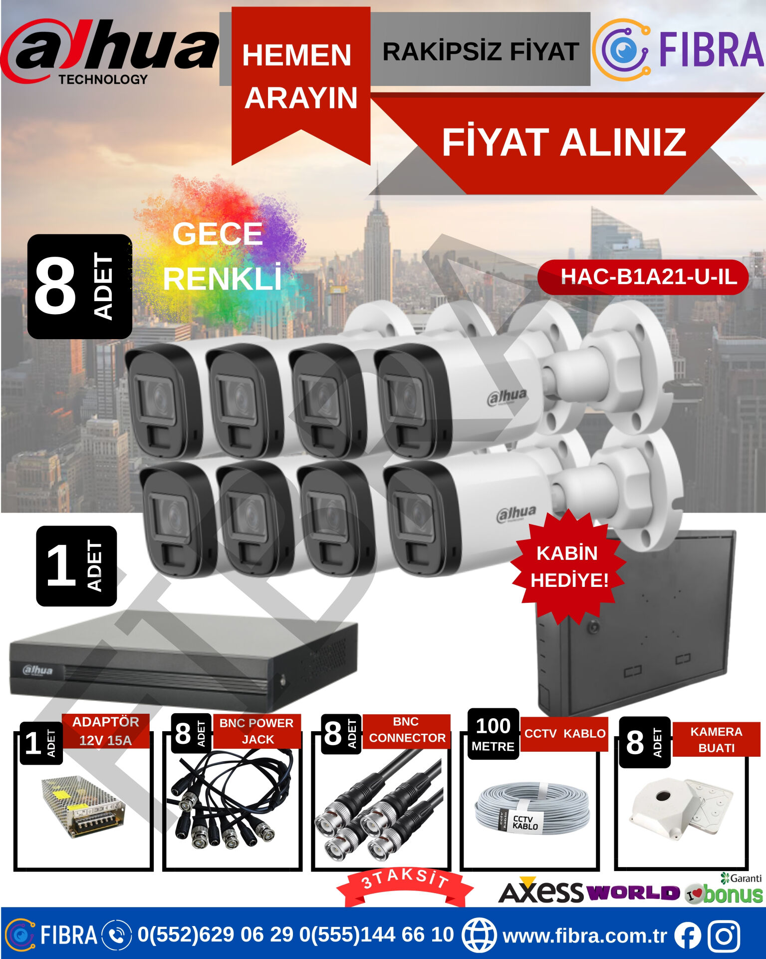 DAHUA GECE RENKLİ DAHİLİ SESLİ 2MP 8'Lİ FULL SET